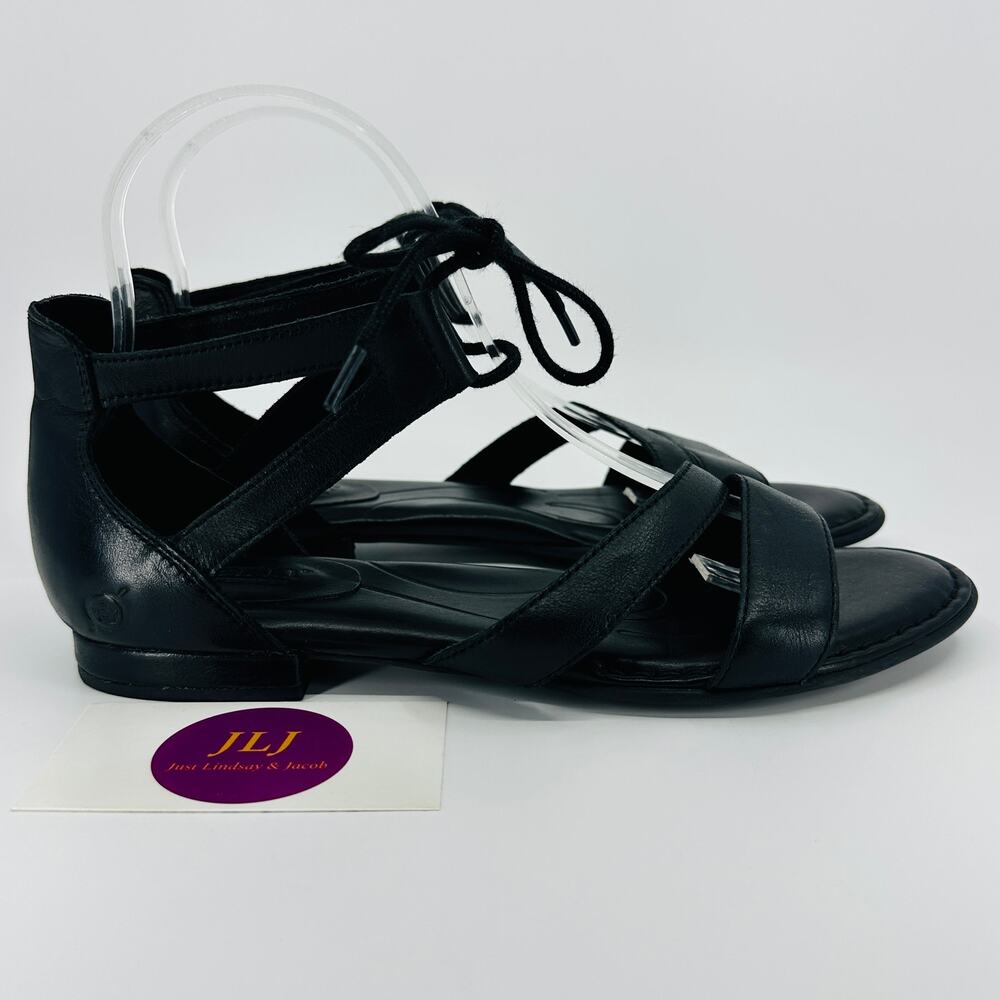 Born Women's Casma Black Leather Ankle Tie Flatform Gladiator Sandals Size 8